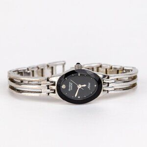 Vintage Armitron Now Diamond Watch - 90s Silver Tone Bangle Bracelet  Black Dial